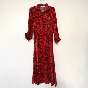 La Petite Francaise shirt dress maxi length, red base bamboo print gold detail